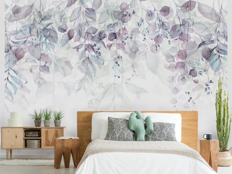 Mural de parede Cascade of Violet - Delicate Twigs Full of Leaves on a Light Background