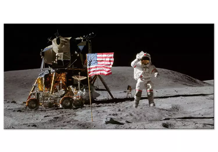 Aterragem na Lua - fotografia de bandeira, nave e astronauta no espaço
