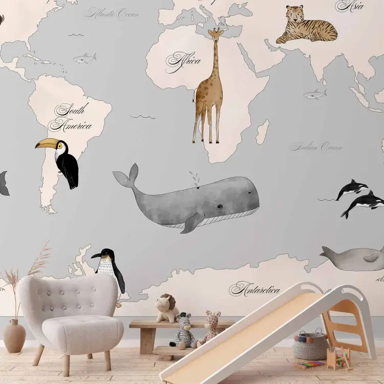 Mapa-mundo para crianças - continentes e oceanos em tons azuis