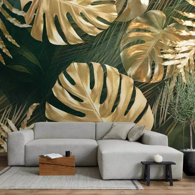 Folhas douradas - composição de plantas com monstros num fundo verde