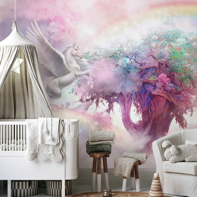 Unicórnio e árvore mágica - terra cor-de-rosa e arco-íris nas nuvens