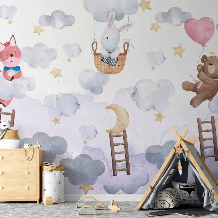 Para crianças - ursinho de peluche, coelho e raposa a voar nas estrelas e nas nuvens