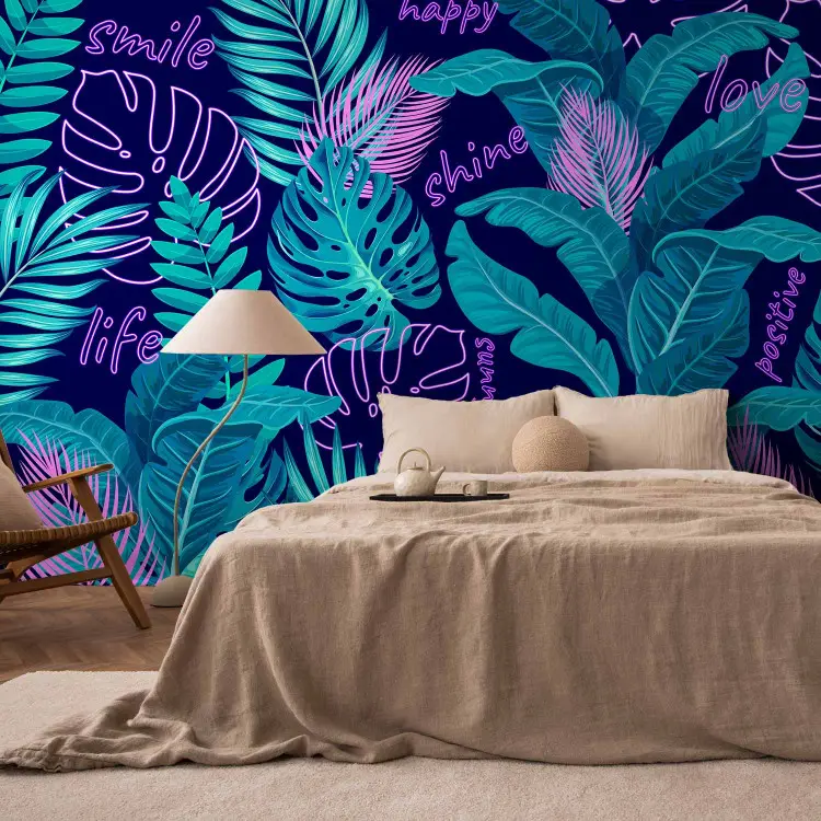 Selva néon - folhas e letras em cores vivas e vibrantes