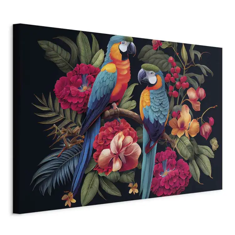 Aves exóticas - papagaios no meio de vegetação colorida na selva