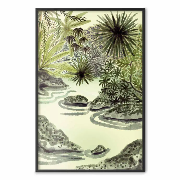 Lago tropical - paisagem em aguarela em tons de verde