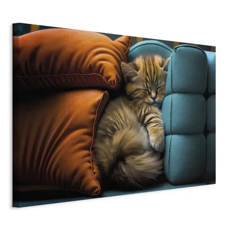 AI gato - animal de estimação fofo a dormir entre almofadas confortáveis - horizontal