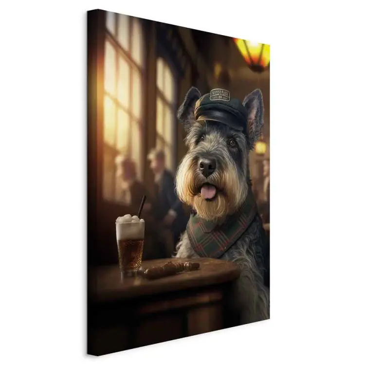 AI cão schnauzer miniatura - retrato de um animal de estimação num bar enquanto bebe cerveja - vertical