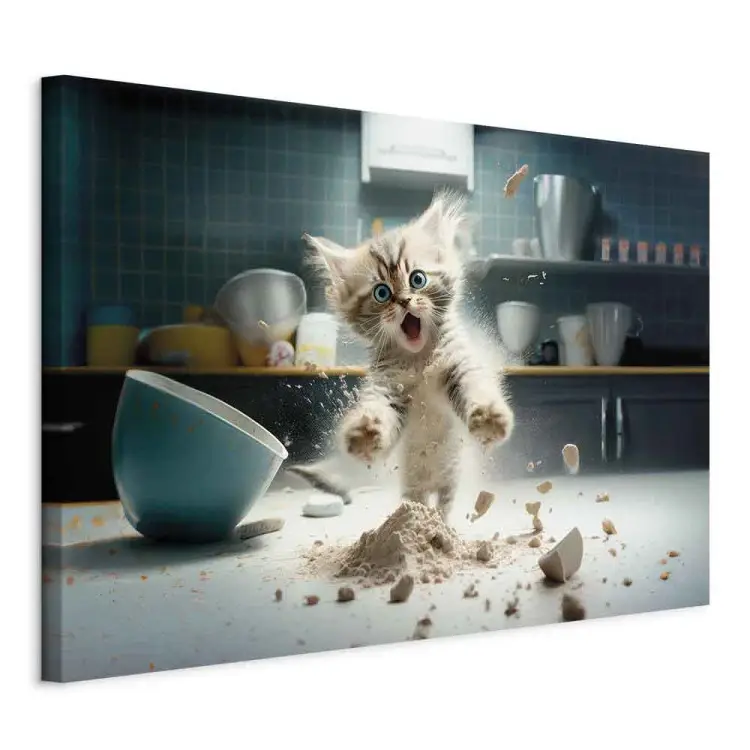 AI maine coon cat - animal de estimação assustado a trabalhar na cozinha - horizontal