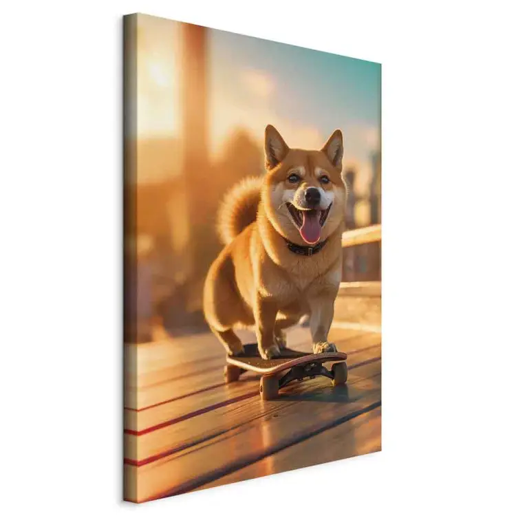 AI shiba dog - animal sorridente num skate ao pôr do sol - vertical