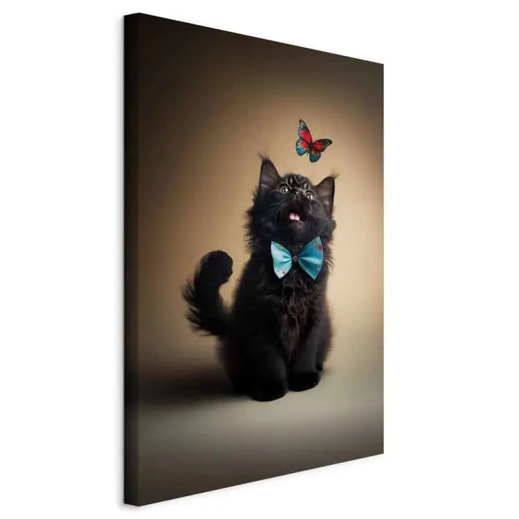 AI gato - animal de estimação de laço a observar uma borboleta colorida - vertical