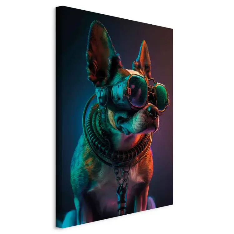AI boston terrier dog - animal de estimação cibernético verde com óculos cyberpunk - vertical
