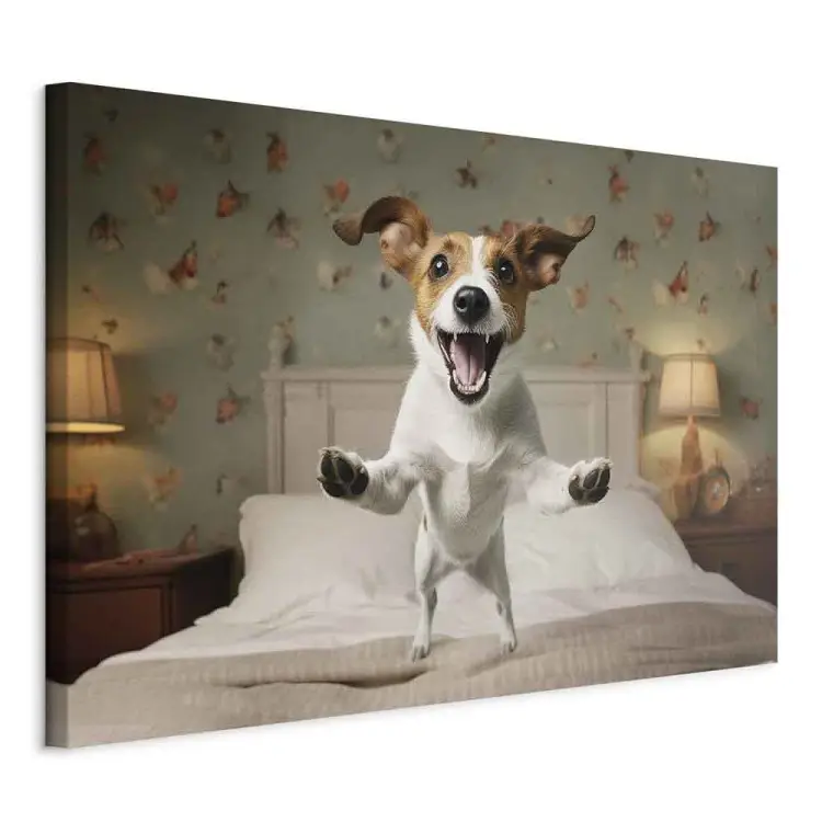 AI jack russell terrier dog - animal de estimação alegre a saltar da cama para o abraço do dono - horizontal