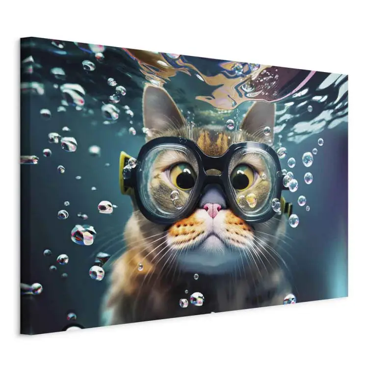 Gato AI - animal de estimação em mergulho com óculos de proteção no meio de bolhas - horizontal