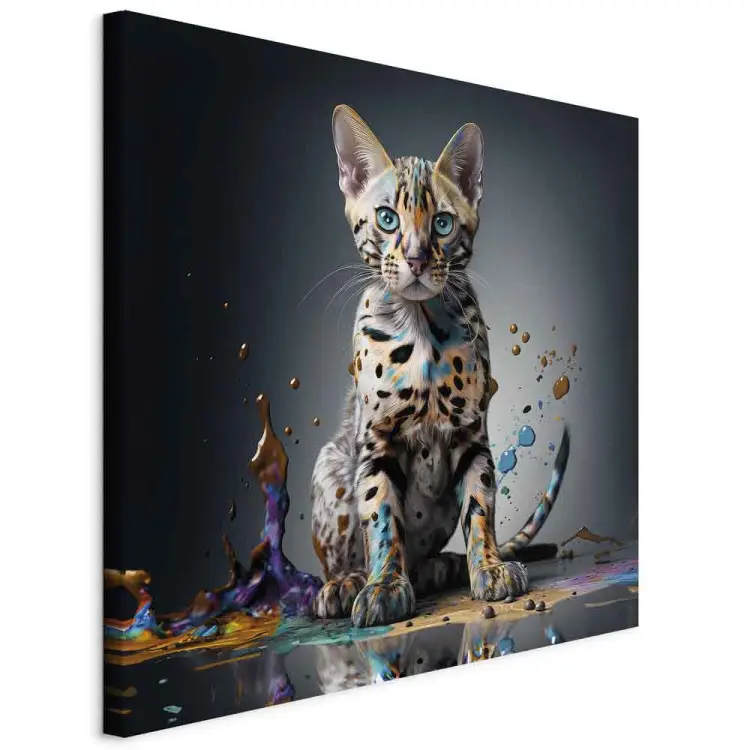 Gato de bengala AI - animal de estimação numa poça explosiva colorida - quadrado