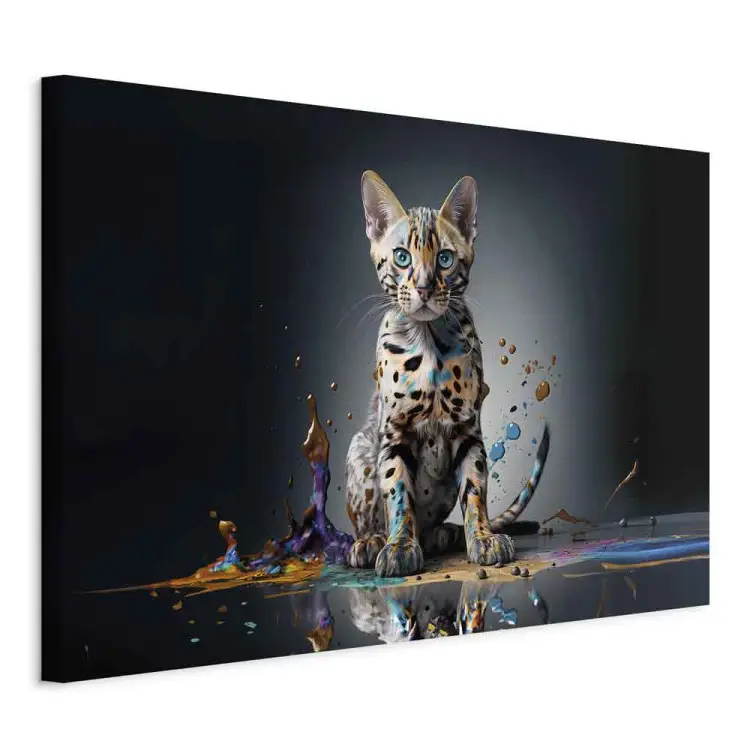 AI gato de bengala - animal de estimação numa poça colorida que explode - horizontal