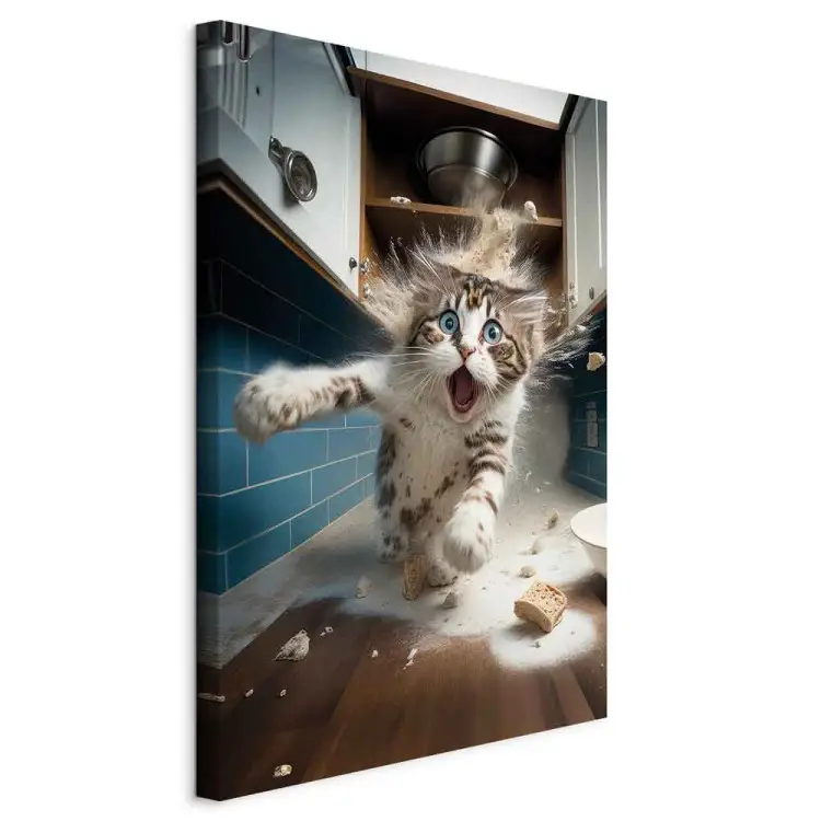 Gato AI - animal de estimação a fugir da cozinha depois de partir o stock - vertical