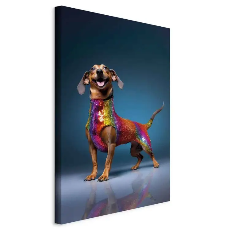 AI dachshund dog - animal de estimação sorridente num disfarce colorido - vertical