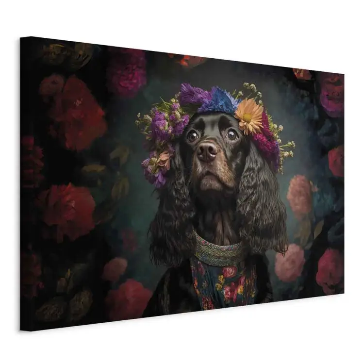 AI cocker spaniel dog - retrato de fantasia de um animal de estimação ao estilo de Frida Kahlo - horizontal