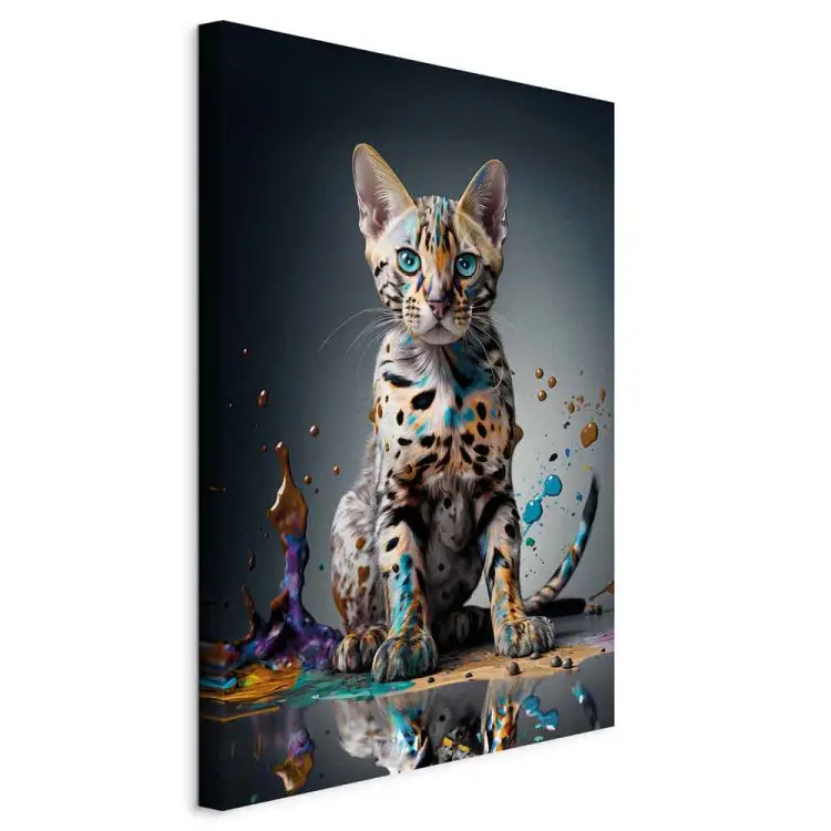 AI gato de bengala - animal de estimação numa poça explosiva colorida - vertical