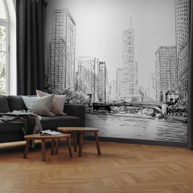 Esboço da cidade - arranha-céus e rio em Chicago, desenho em tons de branco e preto