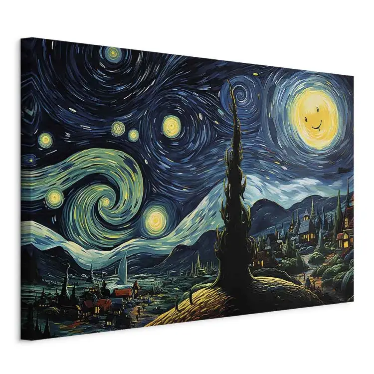 Noite estrelada - paisagem ao estilo de van Gogh com uma lua sorridente