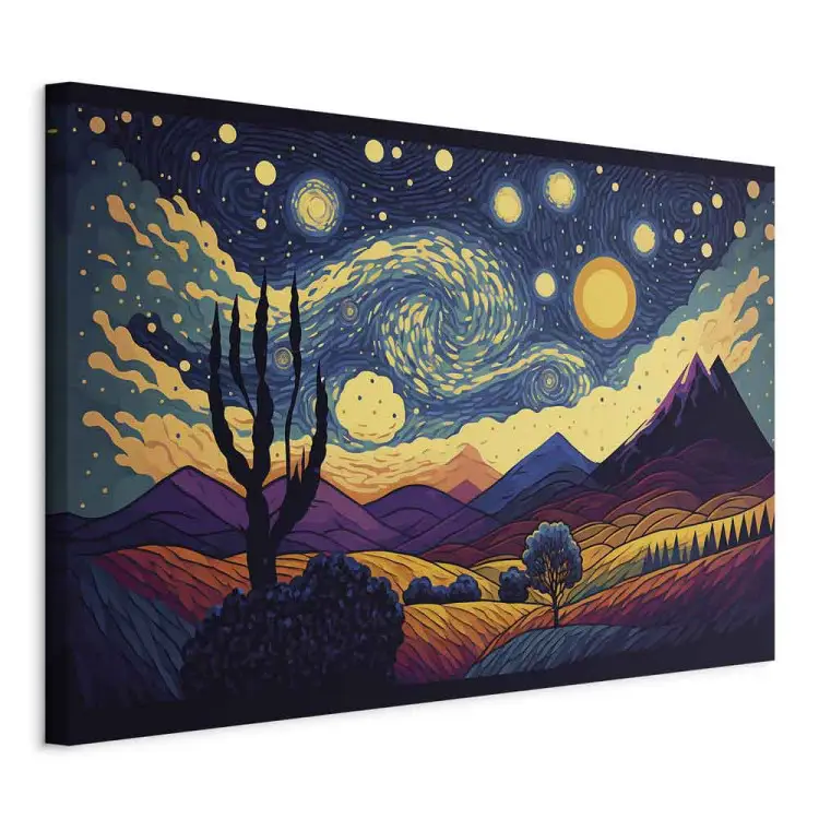 Paisagem impressionista - montanhas e prados sob um céu cheio de estrelas