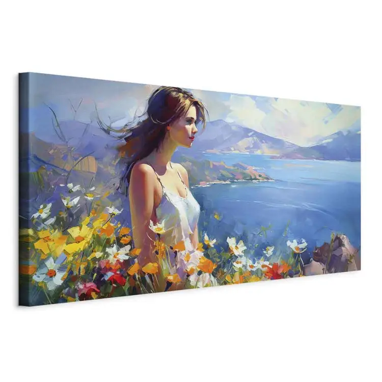Mulher contra o mar - paisagem floral de montanha ao estilo de Monet