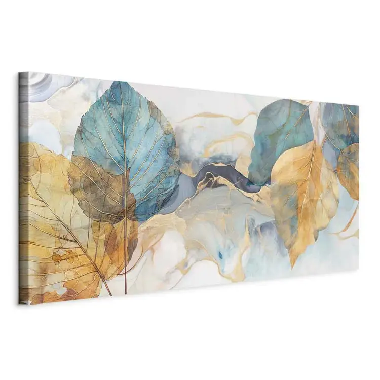 Um sopro de outono - folhas amarelas e azuis sobre um fundo abstrato