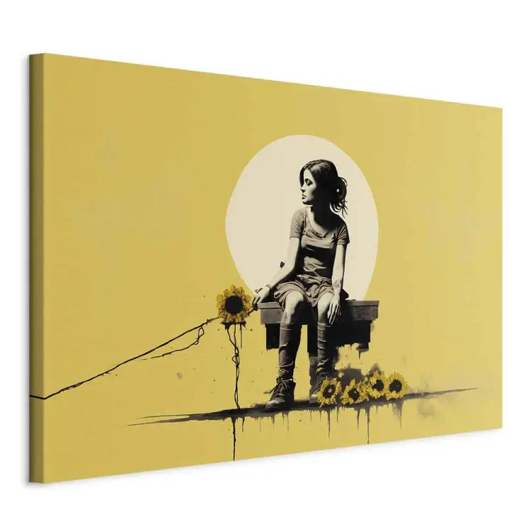 Rapariga e girassóis - composição amarela inspirada no estilo Banksy