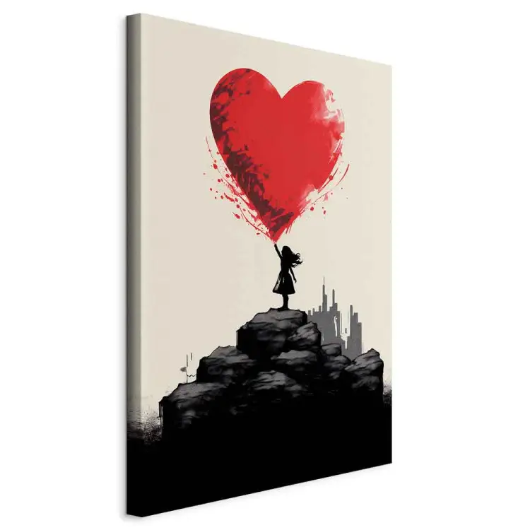 Coração vermelho - figura inspirada em Banksy com um balão contra o fundo da cidade