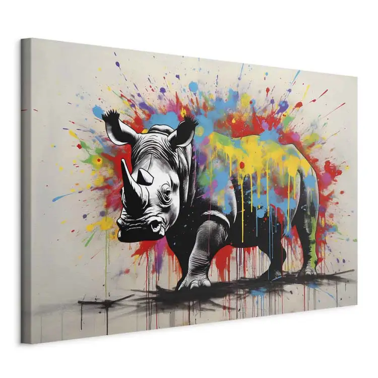 Rinoceronte colorido - mural com animal inspirado no estilo Banksy