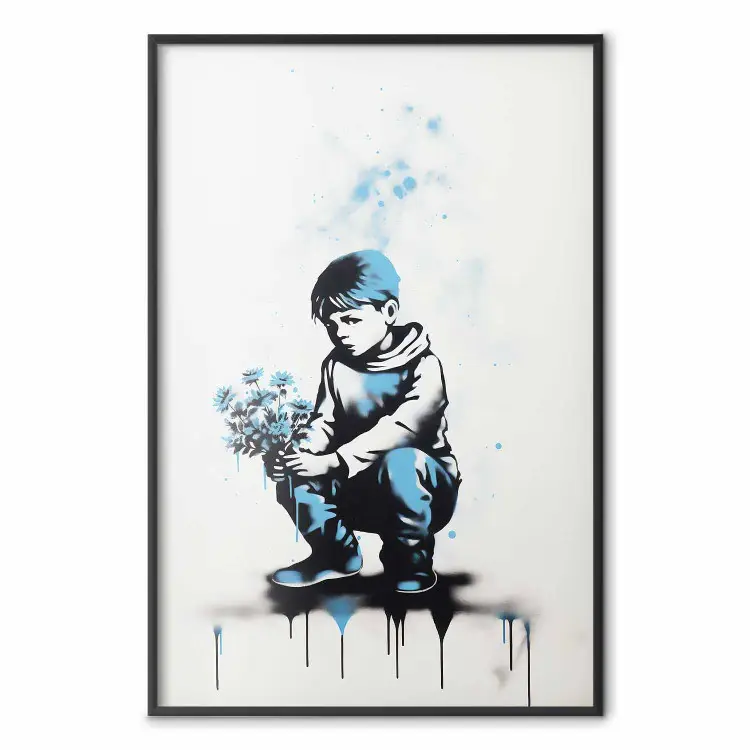 Graffiti azul - um rapaz com um bouquet inspirado no estilo Banksy