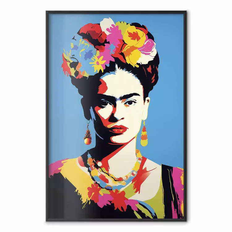 Retrato azul - Frida Kahlo com flores no cabelo em estilo pop-art
