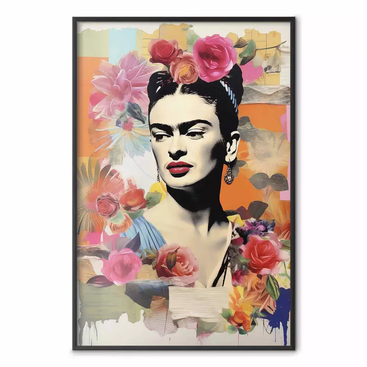 Colagem com Frida - composição colorida com retrato e flores no fundo