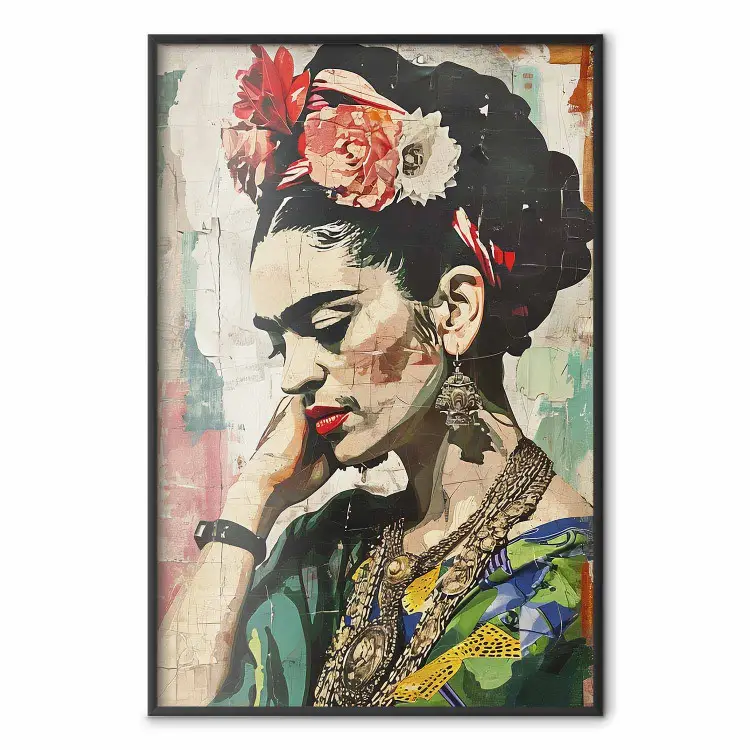 Retrato de perfil - Frida Kahlo contra uma parede rachada