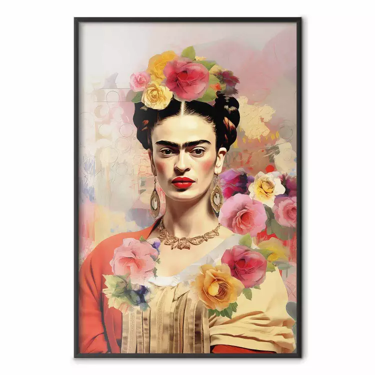 Retrato subtil - Frida Kahlo num fundo desfocado cheio de flores