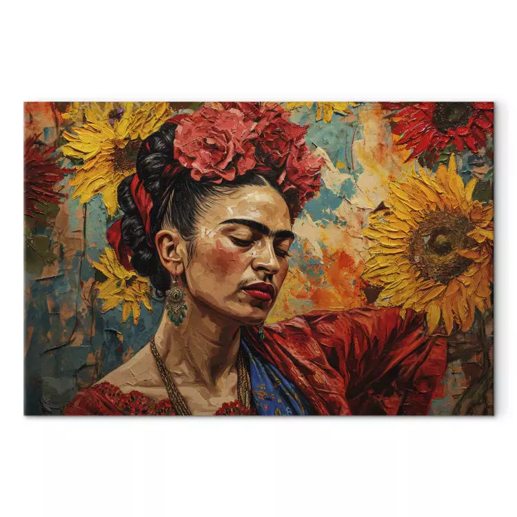 Frida Kahlo - mulher contra um fundo de girassóis no estilo de pintura de van Gogh