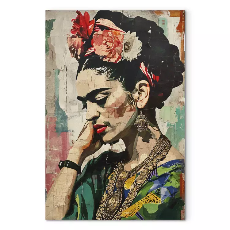 Frida Kahlo - retrato colorido de uma mulher numa parede rachada