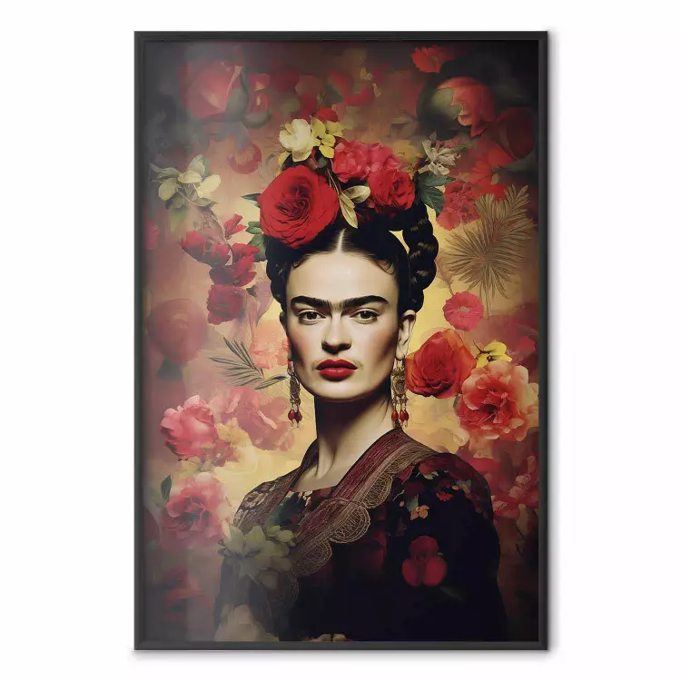 Retrato com rosas - Frida Kahlo sobre um fundo castanho cheio de flores