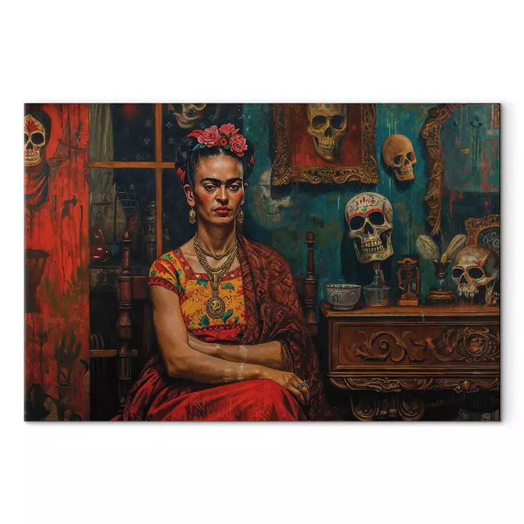 Frida Kahlo - composição com a pintora sentada numa sala com caveiras