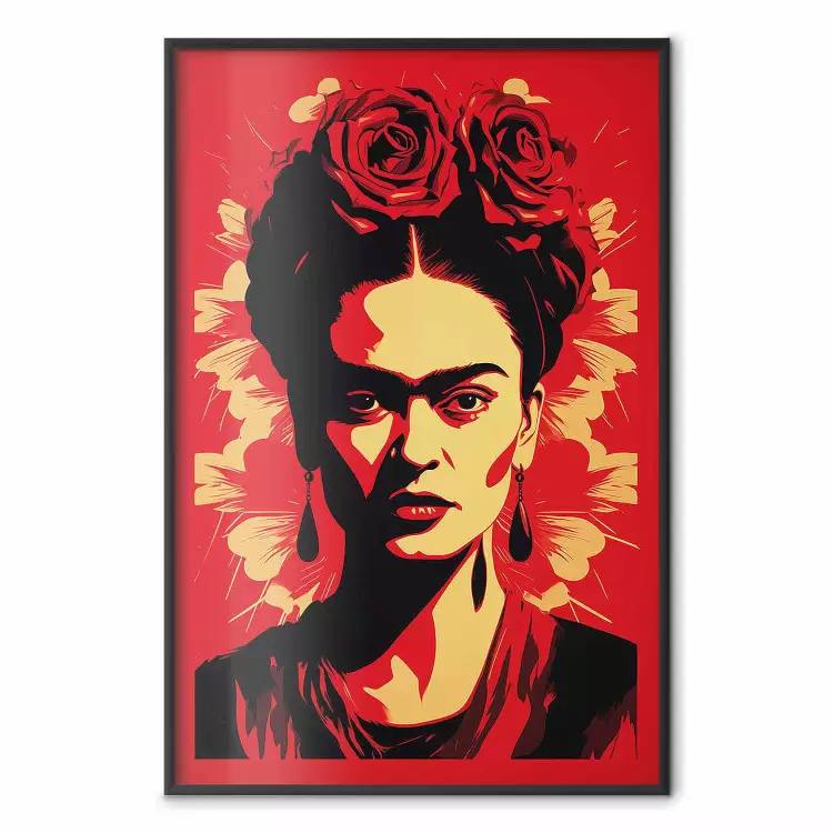Retrato de Frida - representação em poster da pintora sobre um fundo vermelho