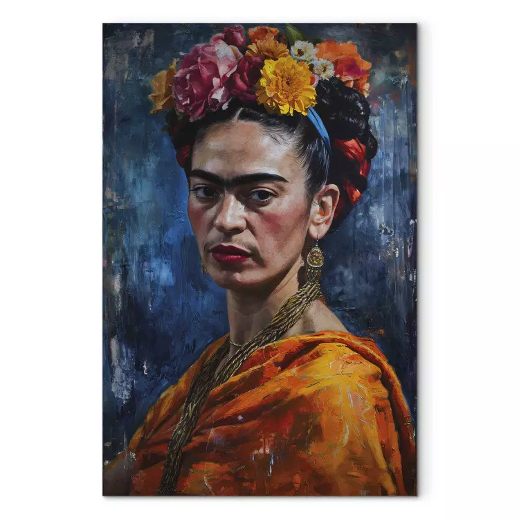 Frida Kahlo - retrato pictórico da artista sobre um fundo azul escuro