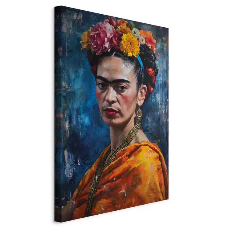 Frida Kahlo - retrato pintado da artista sobre um fundo azul escuro