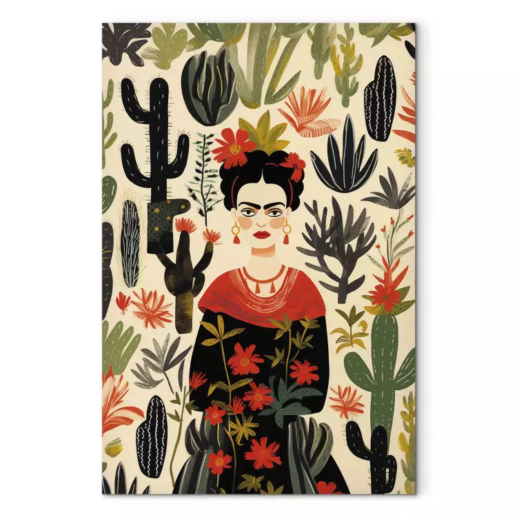 Frida Kahlo - retrato da artista no meio de uma flora desértica cheia de cactos