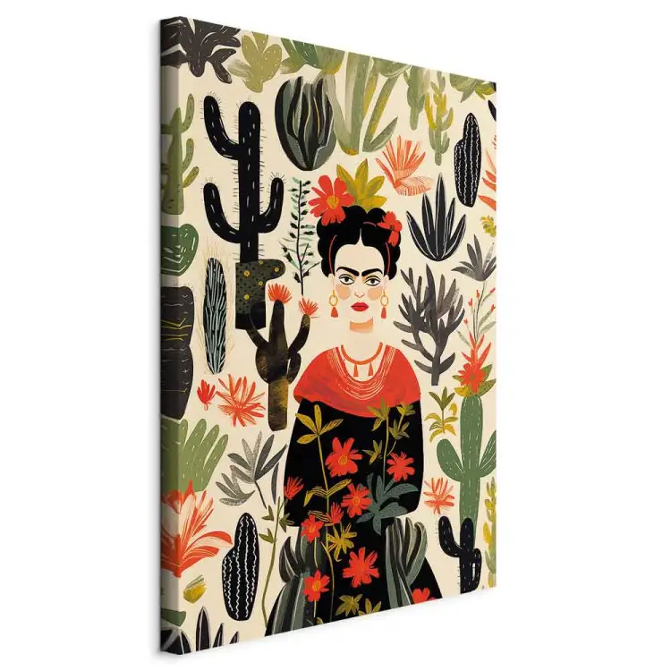 Frida Kahlo - retrato da artista no meio de uma flora desértica cheia de cactos