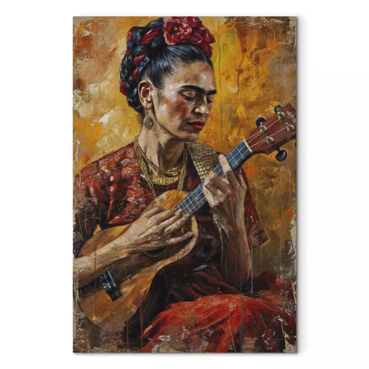 Frida Kahlo - retrato de uma mulher a tocar cavaquinho em tons castanhos