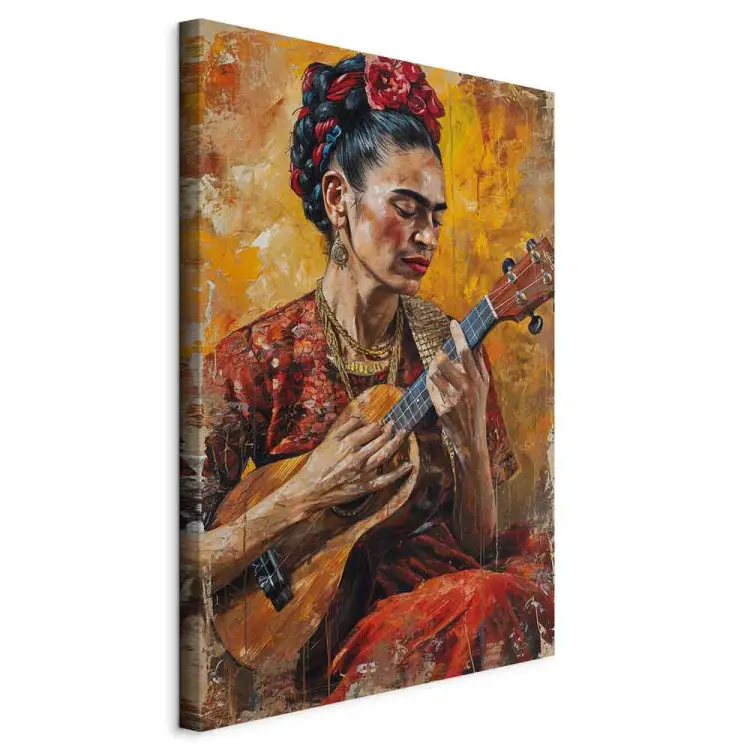 Frida Kahlo - retrato de uma mulher a tocar ukulele em tons castanhos