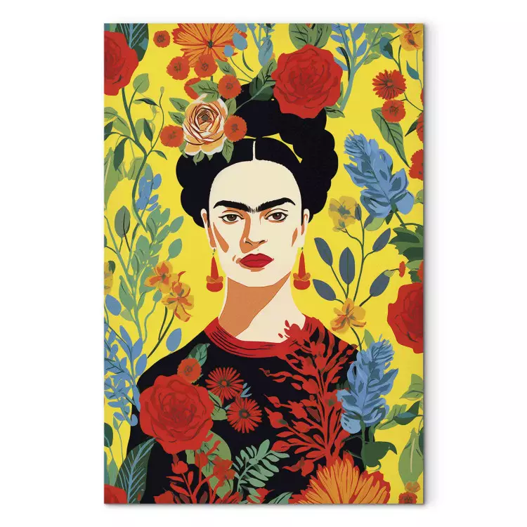 Frida Kahlo - retrato da artista sobre um fundo floral amarelo