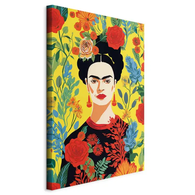 Frida Kahlo - retrato da artista sobre um fundo floral amarelo