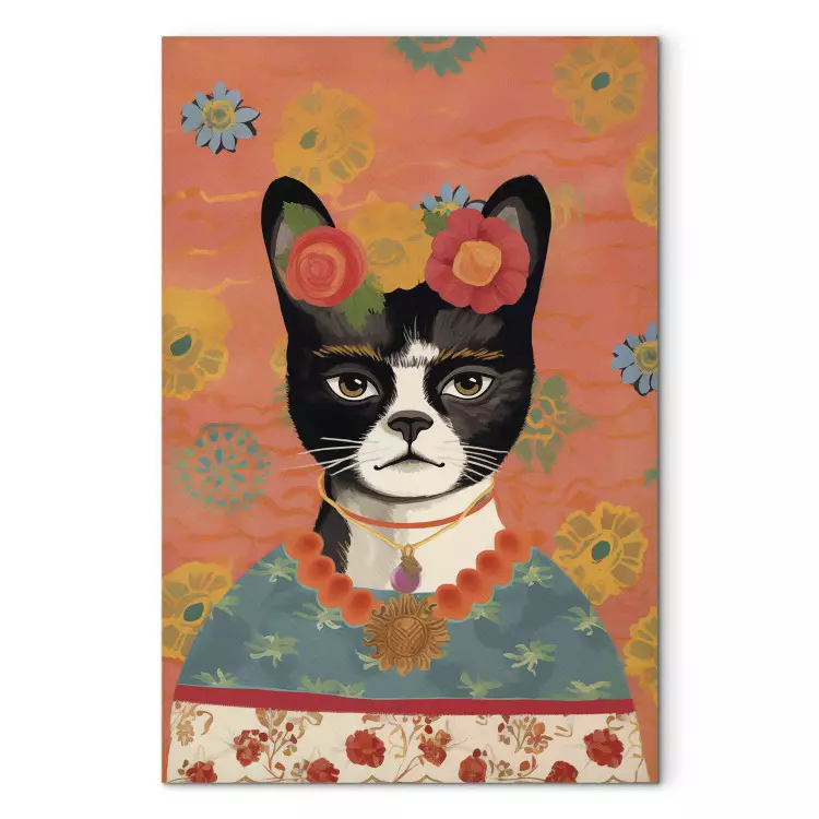 Retrato de animal - gato com flores inspirado na imagem de Frida